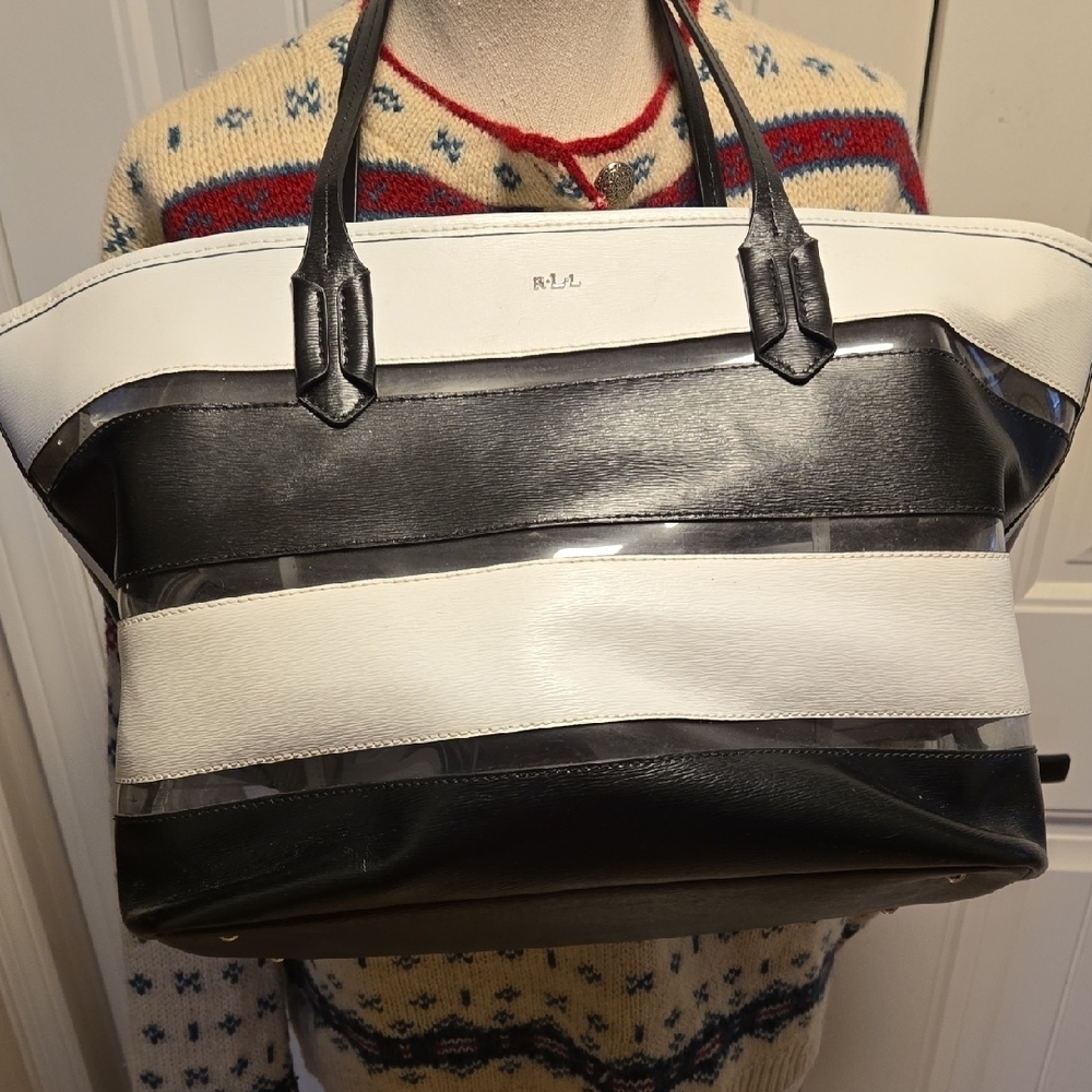 Lauren Ralph Lauren Leather Tote Bag Large Black White Clear Stripes Zip Top